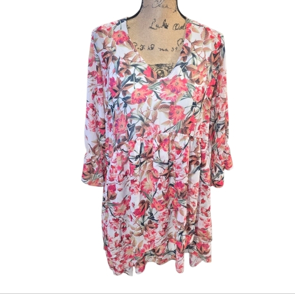 Gianni Bini Floral Print‎ Mini Dress V Neck 3/4 Bell Sleeve White Pink - Picture 2 of 8